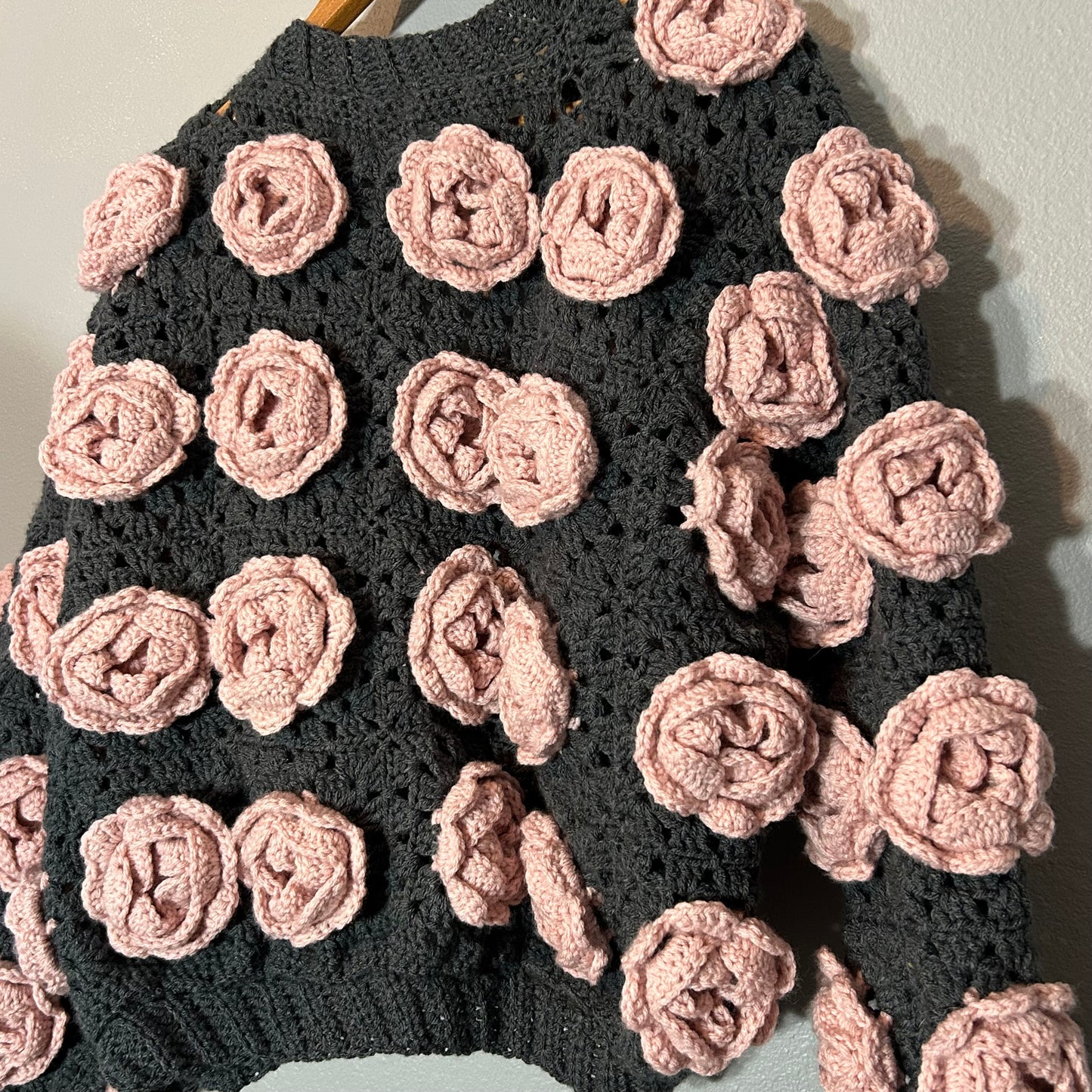 Handmade 3D Rose Bloom Chunky Crochet Jacket Luxe Statement Piece L-XL