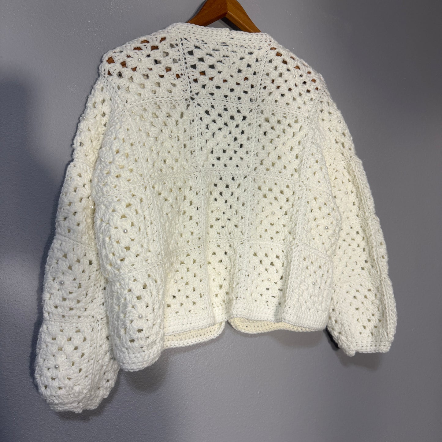 Handmade White Crochet Granny Square Jacket Pearls Cozy Elegant Cardigan Size L