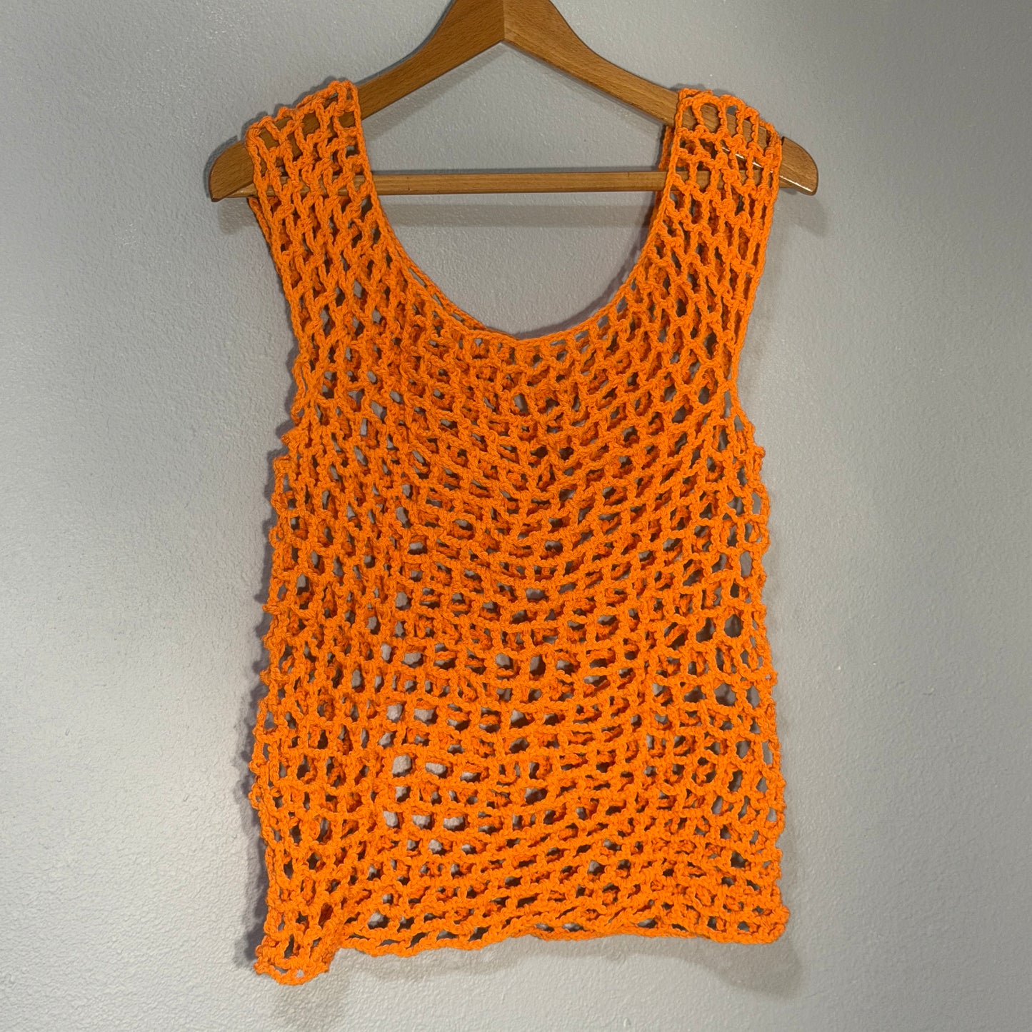 Orange Crochet Tank Top – Bold Summer Statement Mesh Top Handmade Size M
