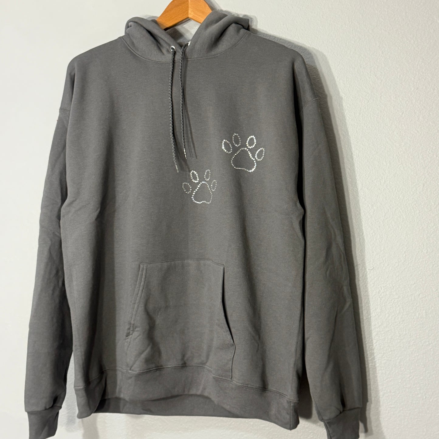 Cute Paw Print Women’s Hoodie with Sparkle Detail Cozy Gray Dog Lover Sweatshirt