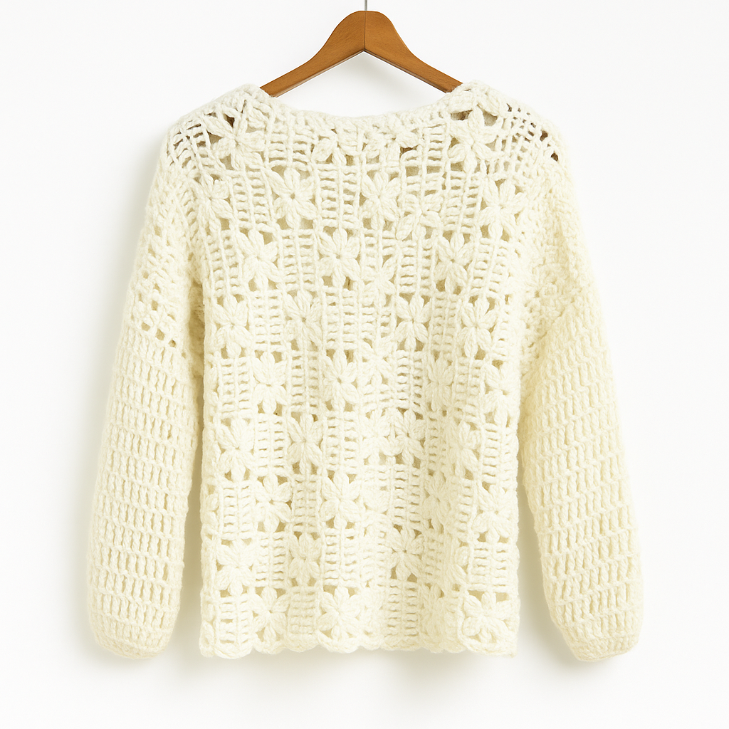 Crochet Sweater White Luxe Floral Pullover Elegant Boho Chic Knit Top Size M