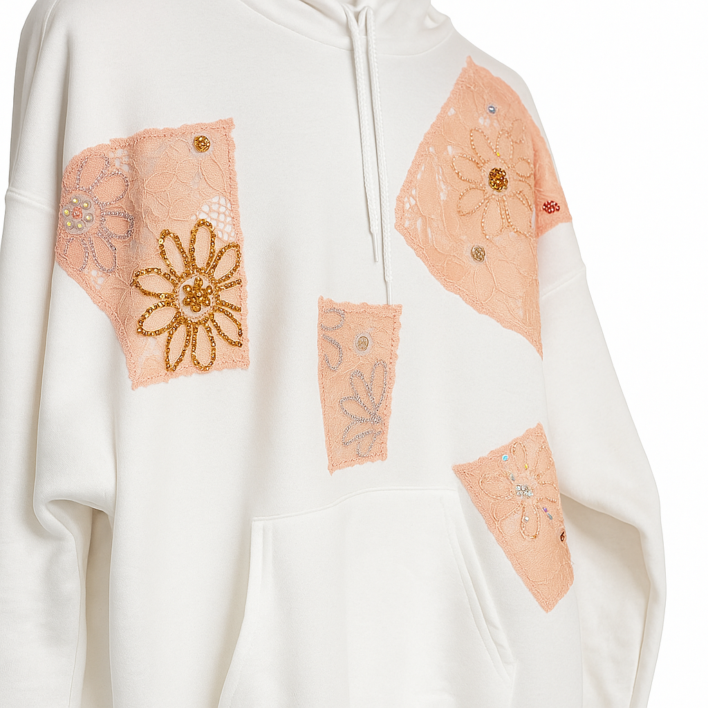 Luxe Patchwork Lace Hoodie Handmade Embellished Oversized Chic Hoodie XXL