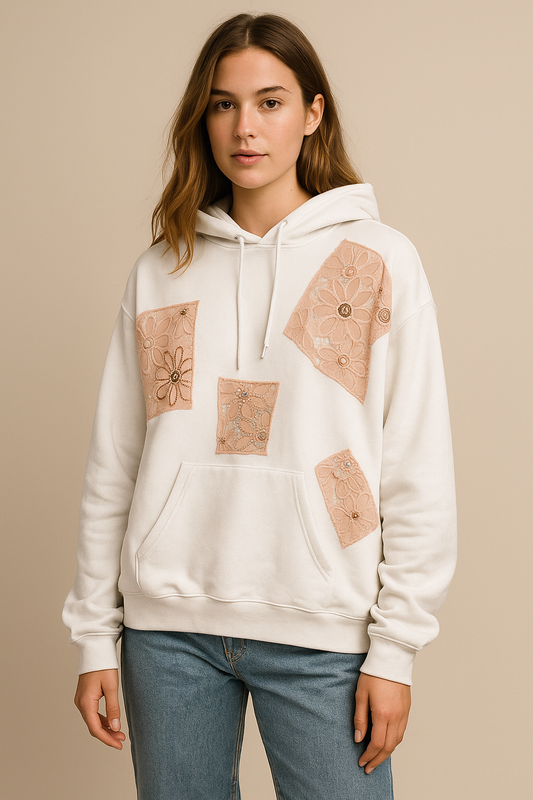 Luxe Patchwork Lace Hoodie Handmade Embellished Oversized Chic Hoodie XXL