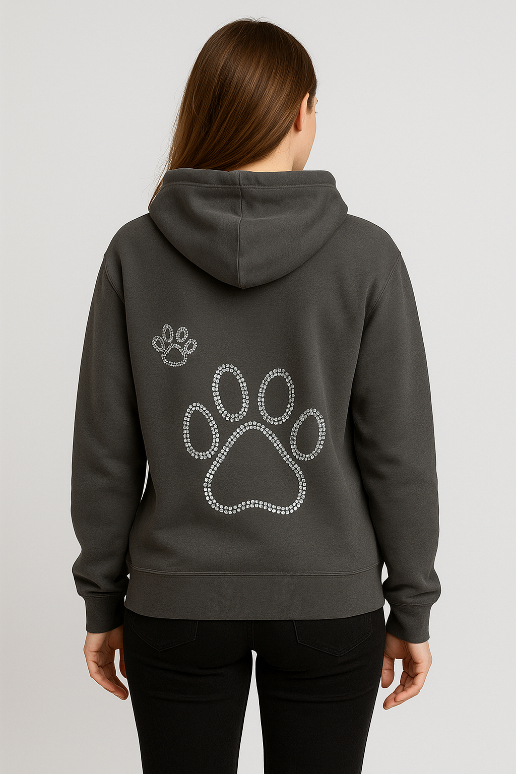 Cute Paw Print Women’s Hoodie with Sparkle Detail Cozy Gray Dog Lover Sweatshirt