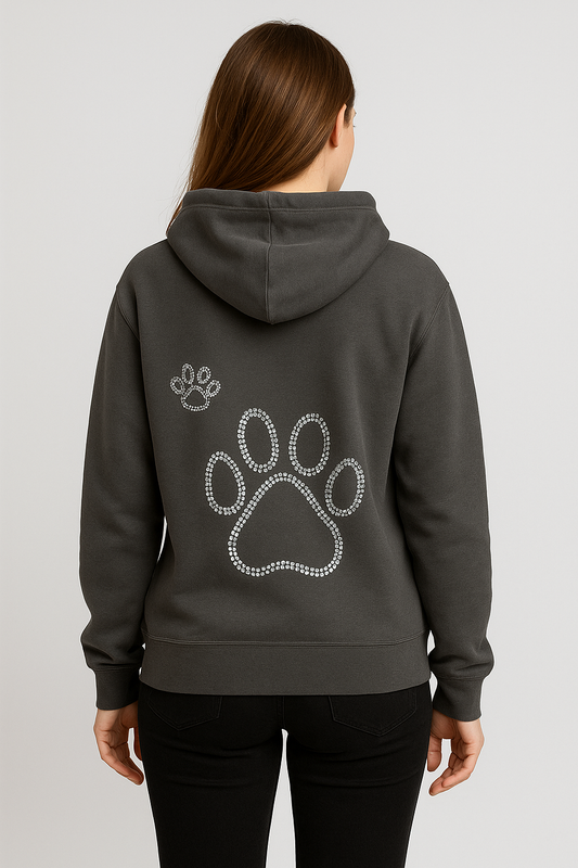 Cute Paw Print Women’s Hoodie with Sparkle Detail Cozy Gray Dog Lover Sweatshirt