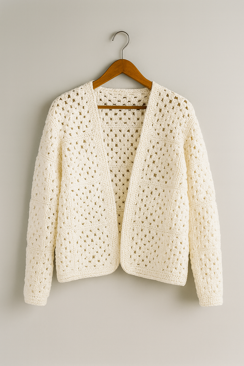 Handmade White Crochet Granny Square Jacket Pearls Cozy Elegant Cardigan Size L