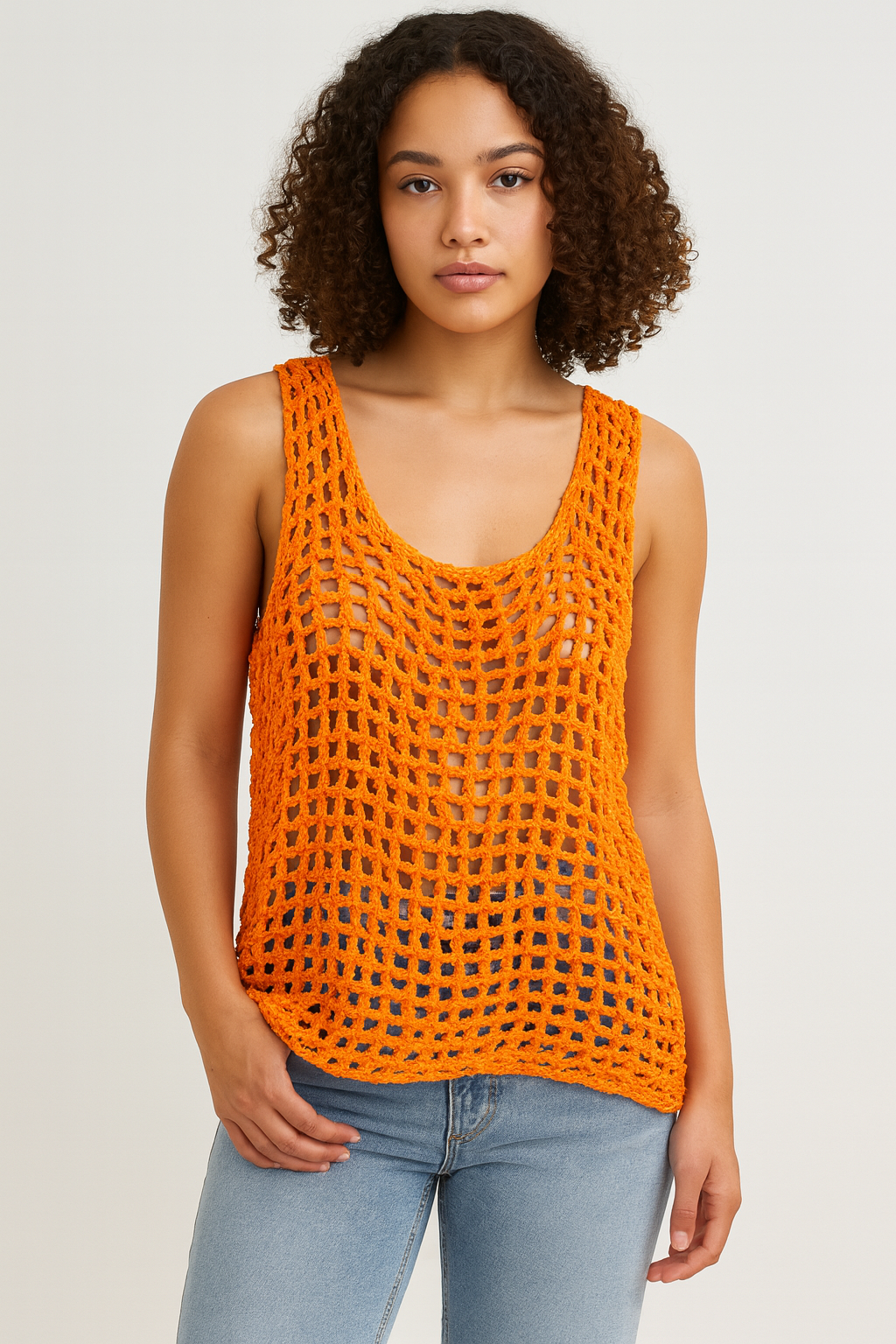 Orange Crochet Tank Top – Bold Summer Statement Mesh Top Handmade Size M