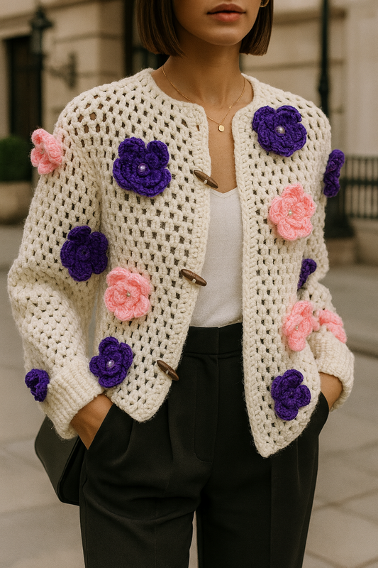 Fe.ly Handmade Floral Crochet Jacket – Luxury Open-Stitch Cardigan with 3D Flowers M/L