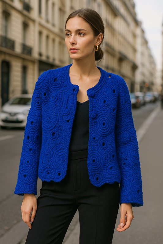 Royal Blue Couture Crochet Jacket – Handmade Luxury Designer Knitwear  Size L/XL
