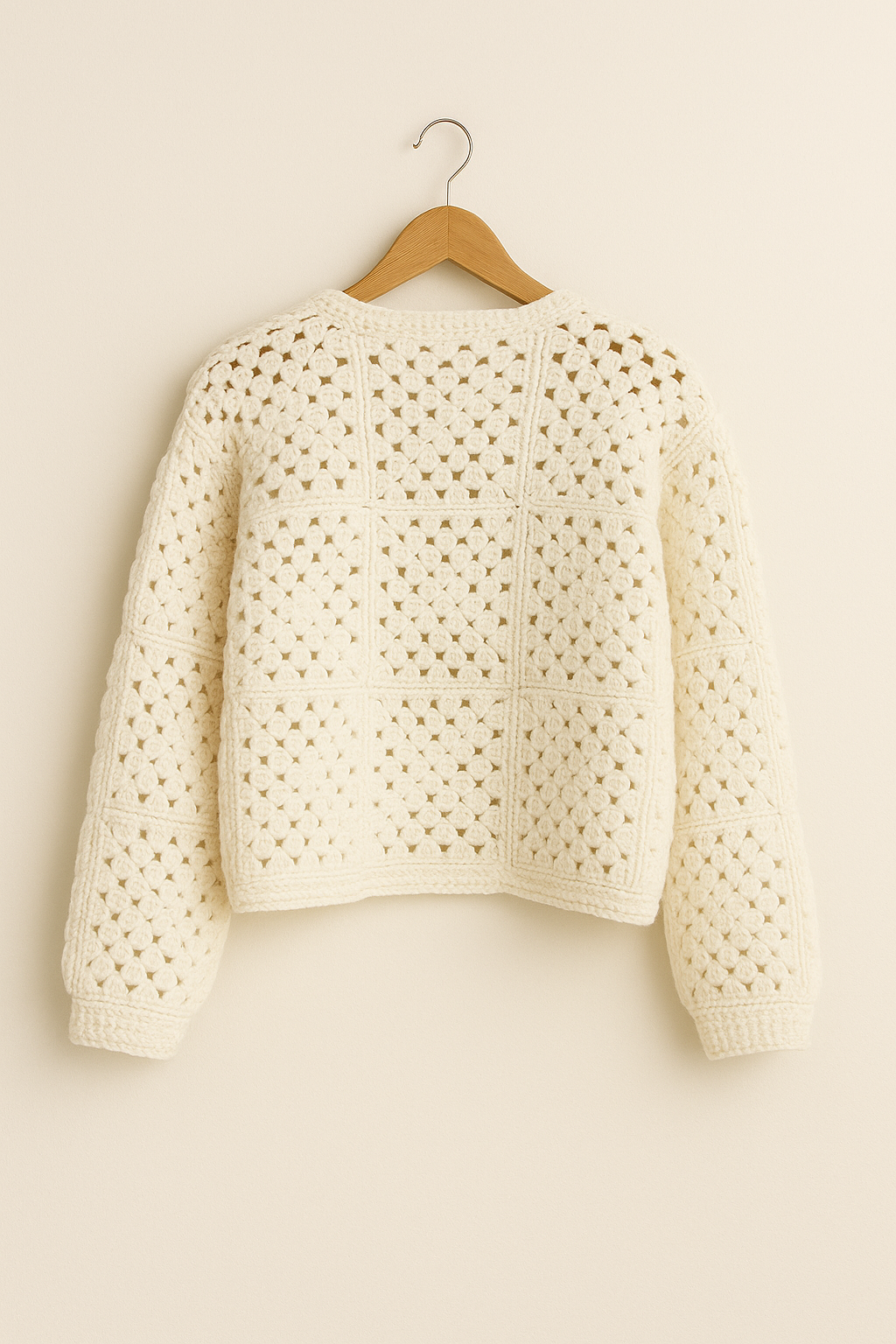 Handmade White Crochet Granny Square Jacket Pearls Cozy Elegant Cardigan Size L