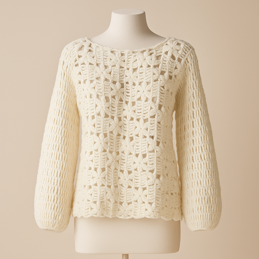 Crochet Sweater White Luxe Floral Pullover Elegant Boho Chic Knit Top Size M