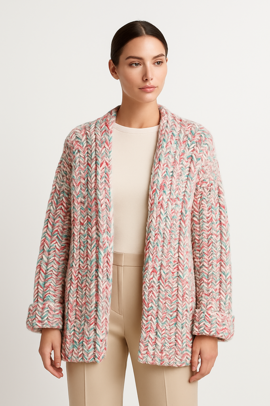 Women's Luxury Chunky Crochet Cardigan Multicolor Pastel Size L/XL