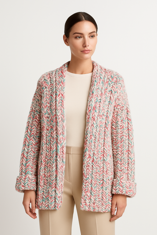 Women's Luxury Chunky Crochet Cardigan Multicolor Pastel Size L/XL