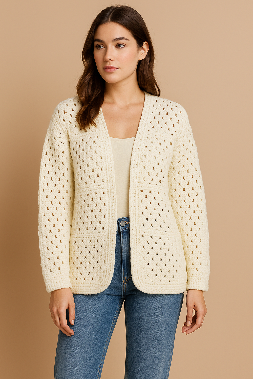 Handmade White Crochet Granny Square Jacket Pearls Cozy Elegant Cardigan Size L