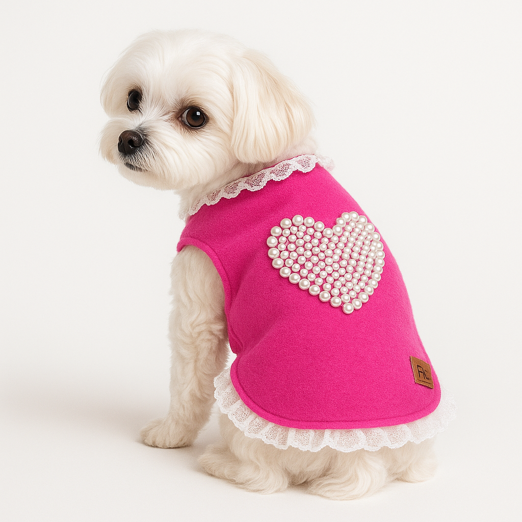 Luxury Pink Pearl Heart Dog Dress Dog Outfit with Lace Trim Cute Pet Clothe M