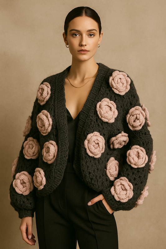 Handmade 3D Rose Bloom Chunky Crochet Jacket Luxe Statement Piece L-XL