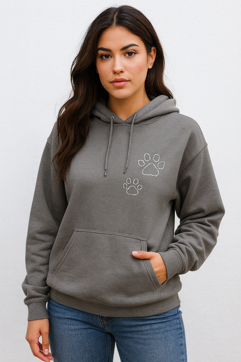 Cute Paw Print Women’s Hoodie with Sparkle Detail Cozy Gray Dog Lover Sweatshirt