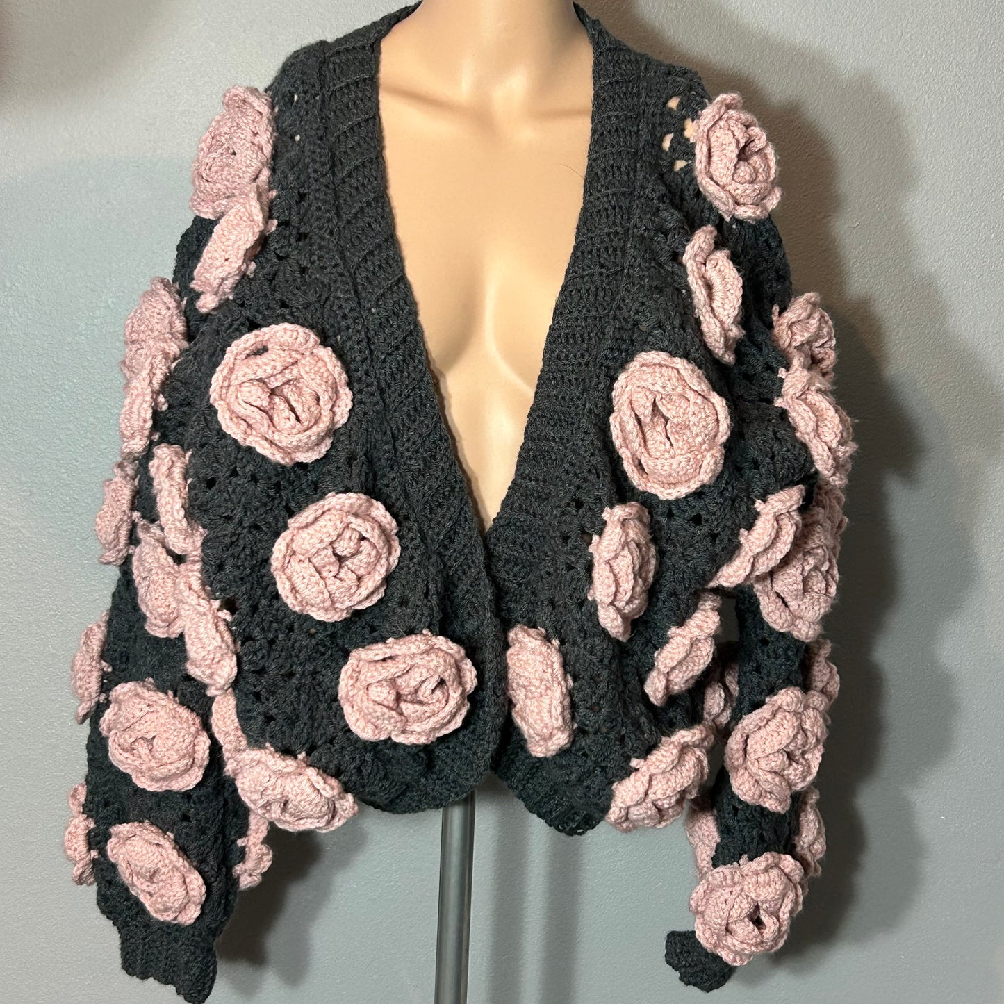 Handmade 3D Rose Bloom Chunky Crochet Jacket Luxe Statement Piece L-XL