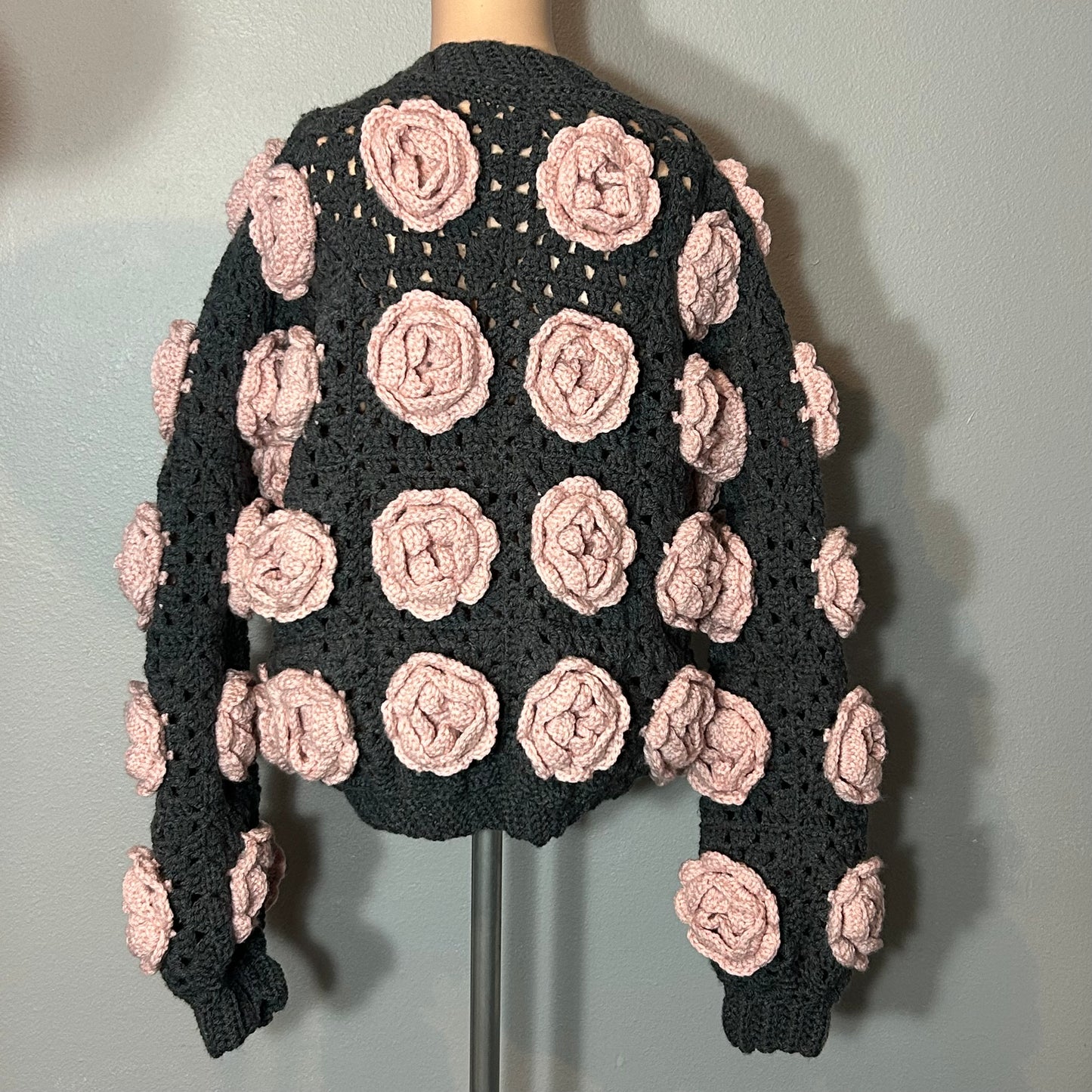 Handmade 3D Rose Bloom Chunky Crochet Jacket Luxe Statement Piece L-XL