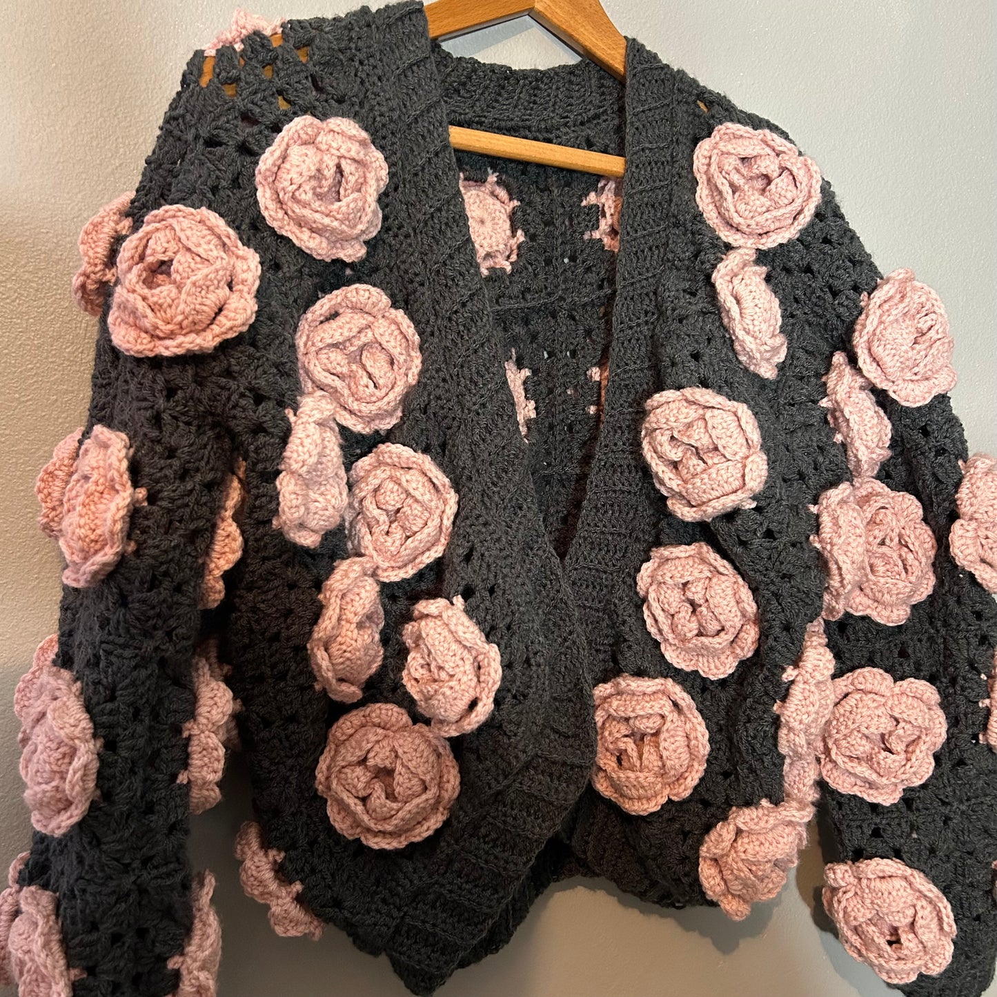 Handmade 3D Rose Bloom Chunky Crochet Jacket Luxe Statement Piece L-XL