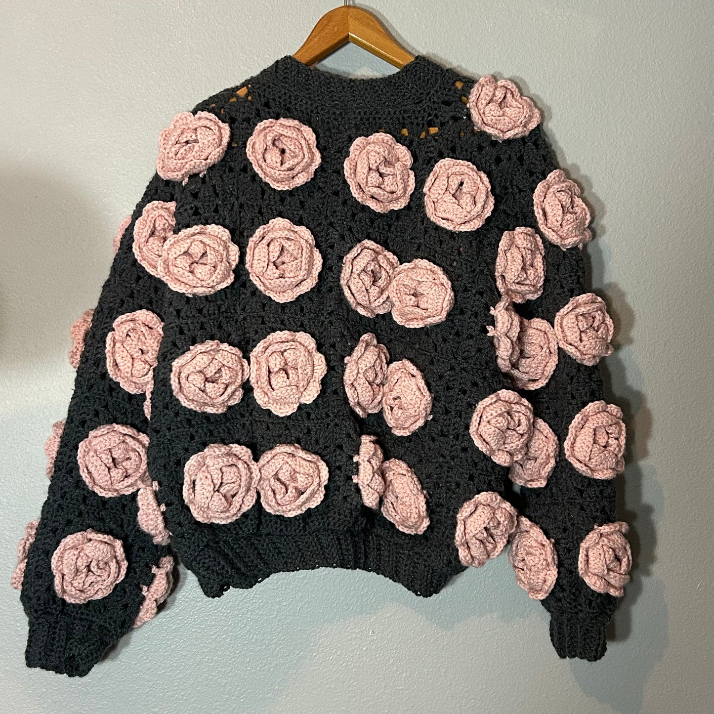 Handmade 3D Rose Bloom Chunky Crochet Jacket Luxe Statement Piece L-XL