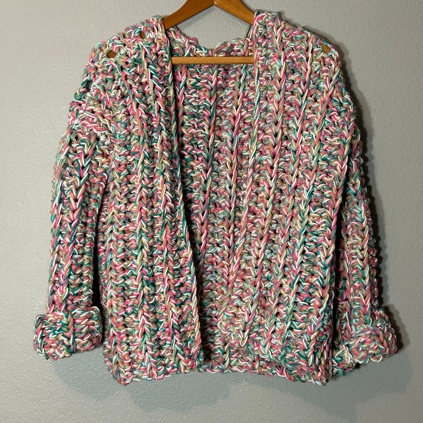 Women's Luxury Chunky Crochet Cardigan Multicolor Pastel Size L/XL