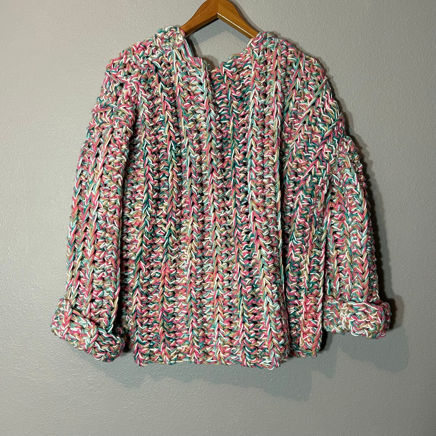 Women's Luxury Chunky Crochet Cardigan Multicolor Pastel Size L/XL