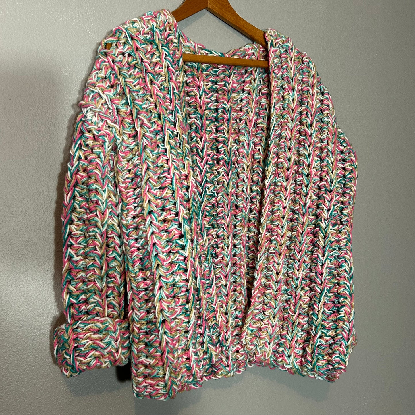 Women's Luxury Chunky Crochet Cardigan Multicolor Pastel Size L/XL