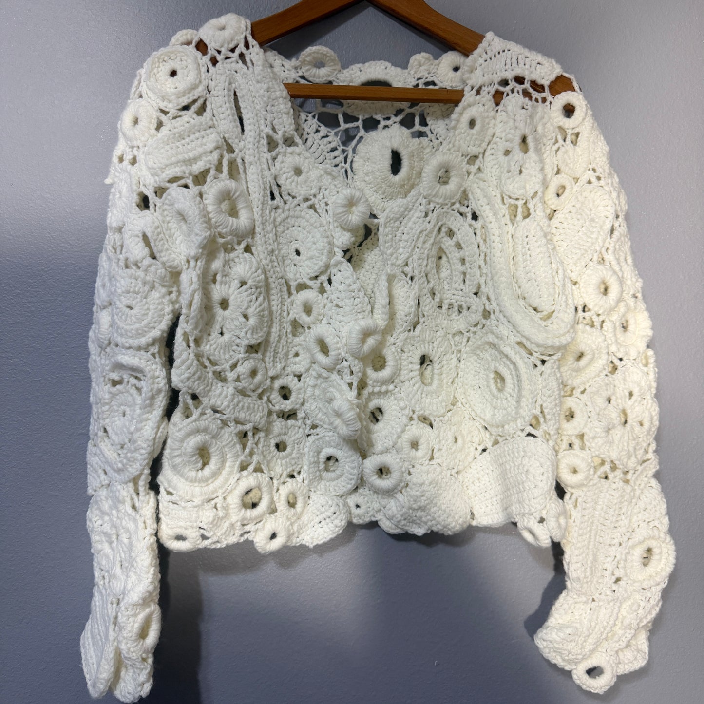 Luxury Crochet Jacket – Handmade Textured Statement Piece in White Size M Boho Bridal Sweater Jacket Unique