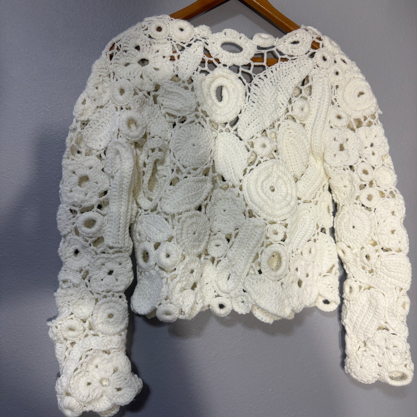 Luxury Crochet Jacket – Handmade Textured Statement Piece in White Size M Boho Bridal Sweater Jacket Unique