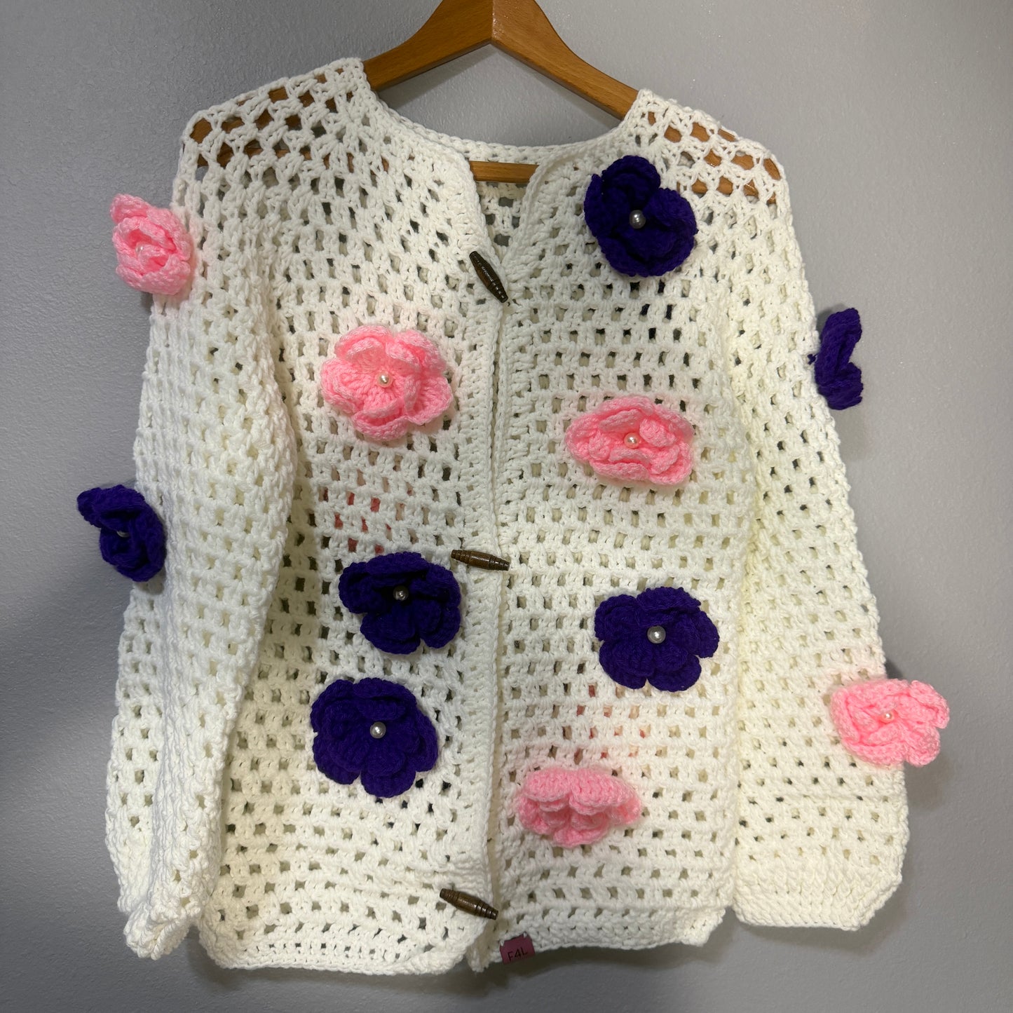 Fe.ly Handmade Floral Crochet Jacket – Luxury Open-Stitch Cardigan with 3D Flowers M/L