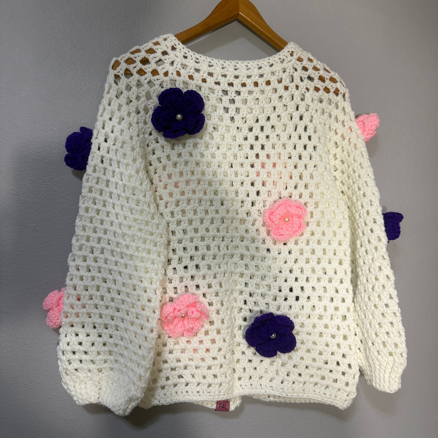 Fe.ly Handmade Floral Crochet Jacket – Luxury Open-Stitch Cardigan with 3D Flowers M/L
