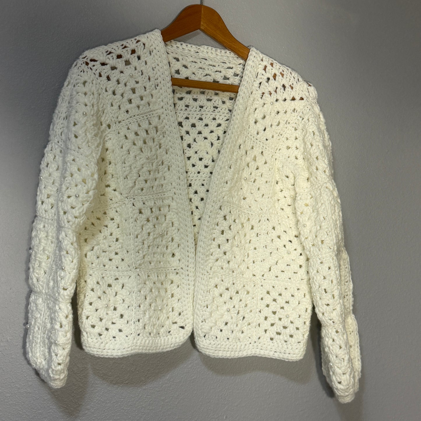 Handmade White Crochet Granny Square Jacket Pearls Cozy Elegant Cardigan Size L