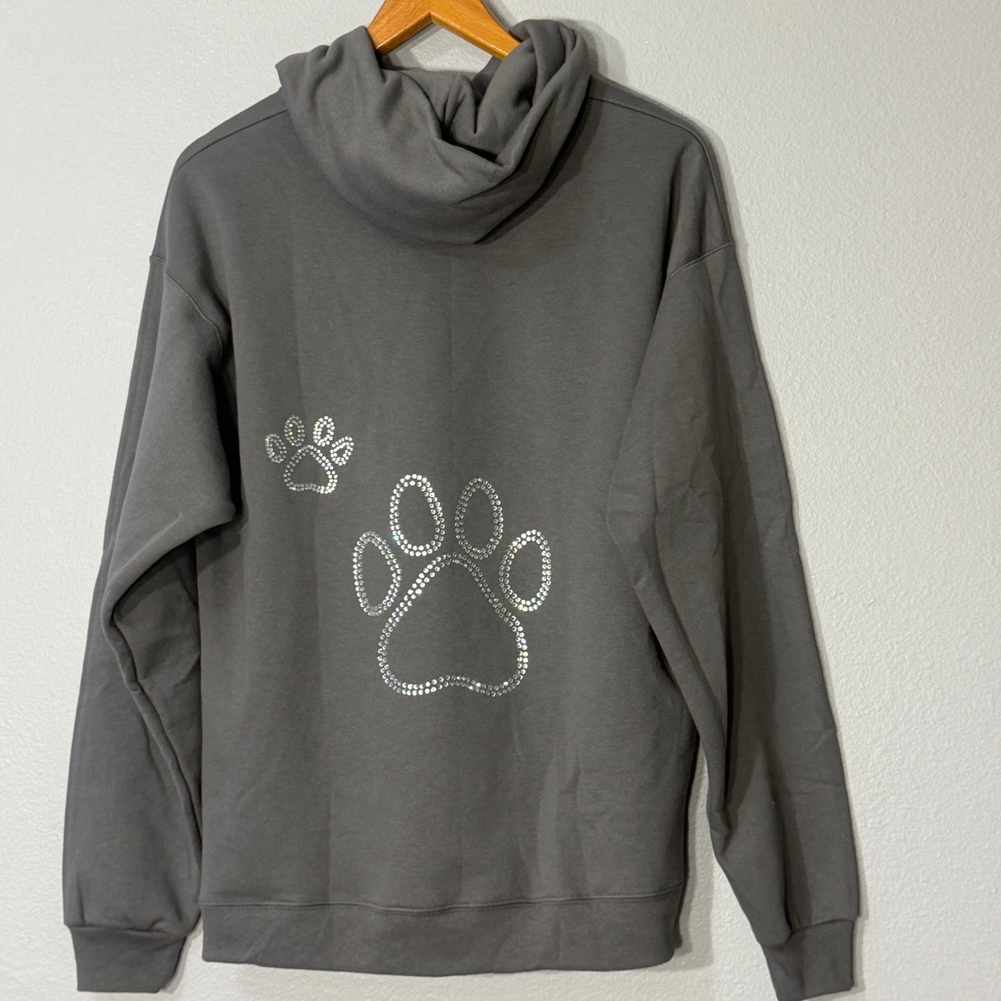 Cute Paw Print Women’s Hoodie with Sparkle Detail Cozy Gray Dog Lover Sweatshirt