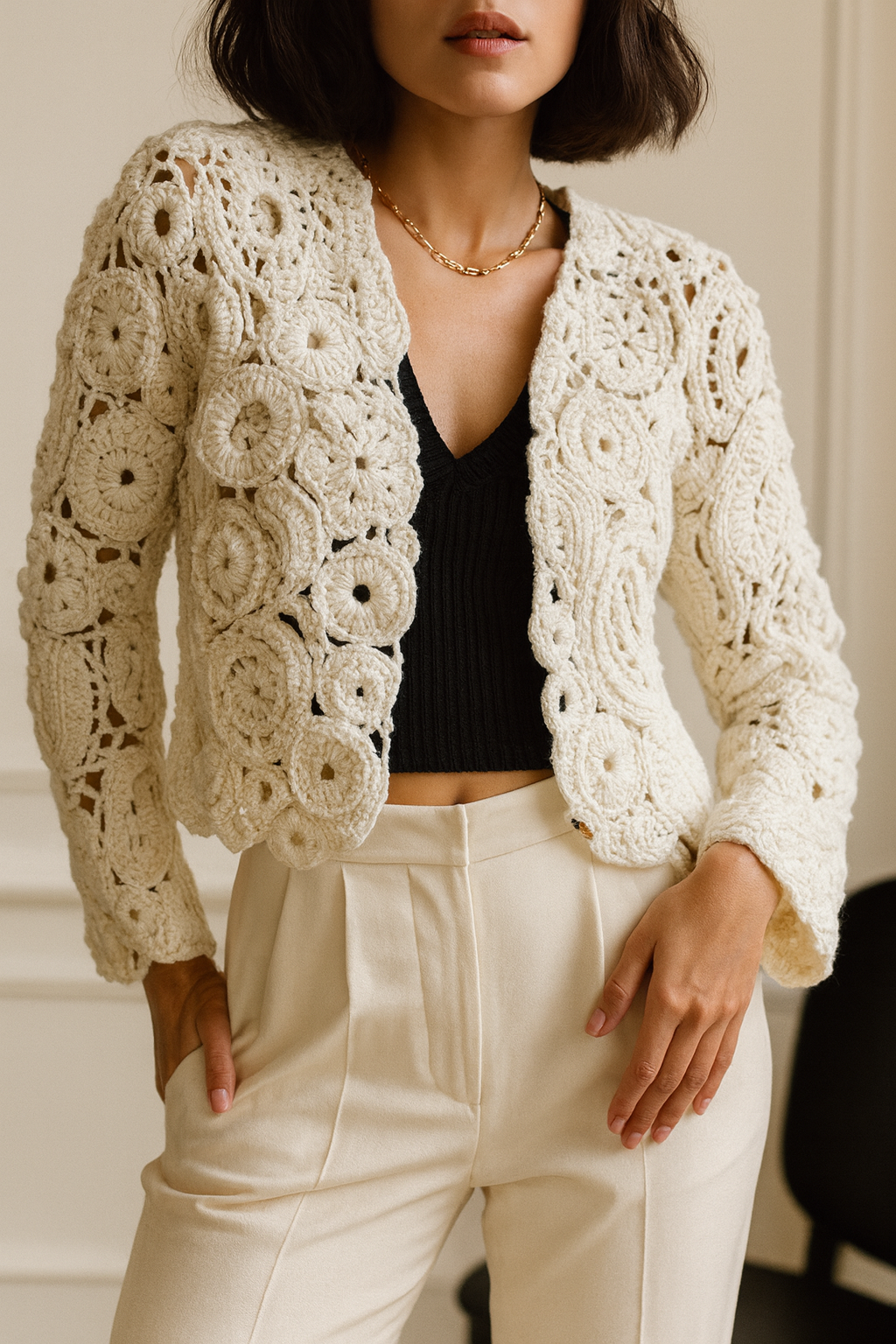Luxury Crochet Jacket – Handmade Textured Statement Piece in White Size M Boho Bridal Sweater Jacket Unique
