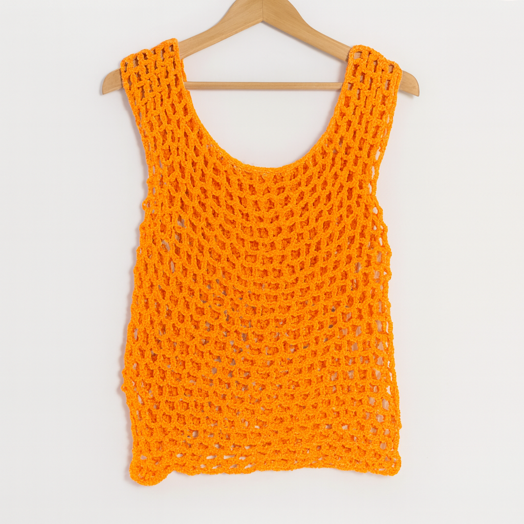 Orange Crochet Tank Top – Bold Summer Statement Mesh Top Handmade Size M