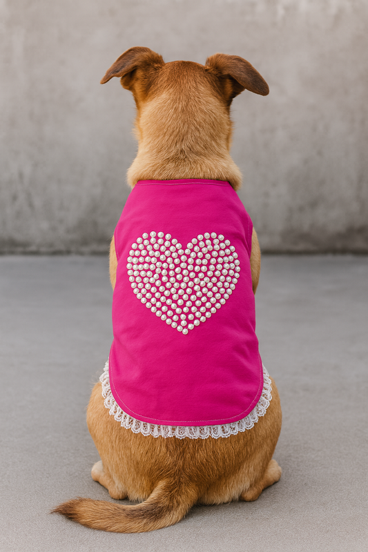 Luxury Pink Pearl Heart Dog Dress Dog Outfit with Lace Trim Cute Pet Clothe M
